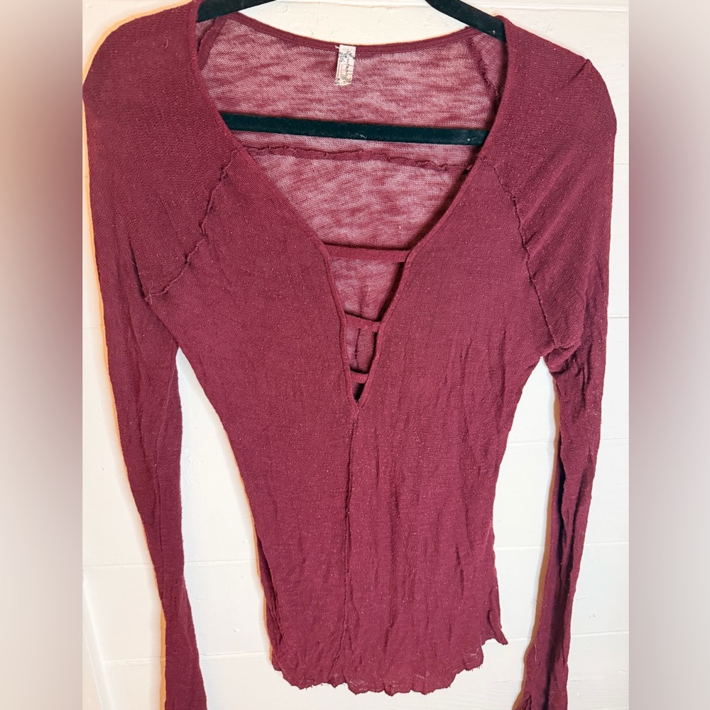 Free People Sheer Burgundy V-Neck Top
